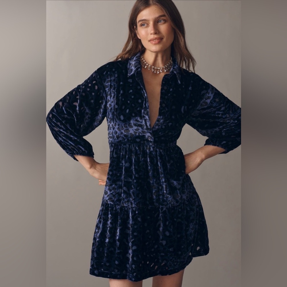 Anthropologie Bettina Tiered Shirt Dress- Mini Velvet Edition. Brand new. Sz M